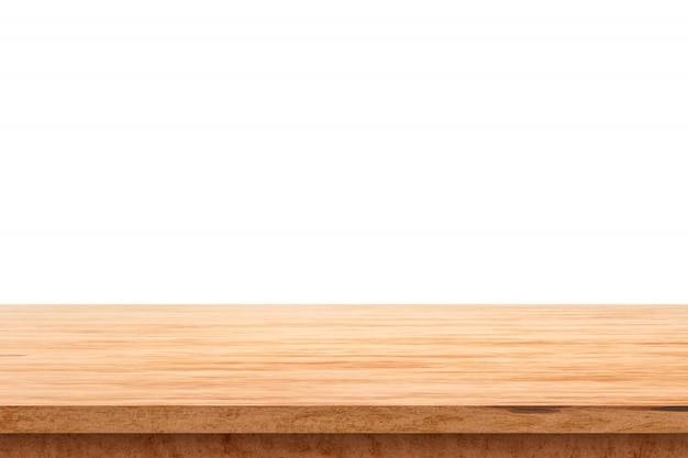 Wood table top on white background with product display concept. Empty wooden table floor. 3D rendering.