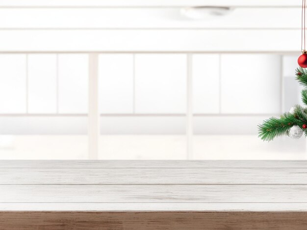 wood table top on white bokeh abstract background