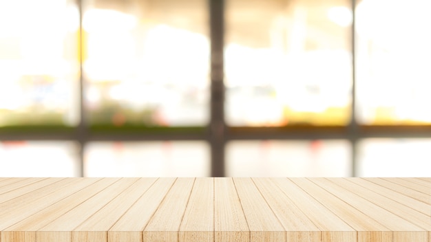 Wood table top on  with blur glass window wall background.