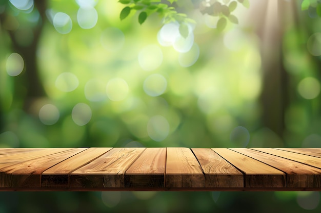 A wood table top with blurred green leaves background