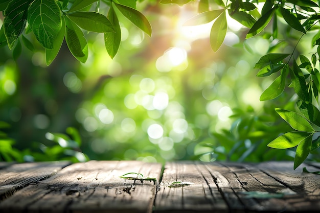 A wood table top with blurred green leaves background