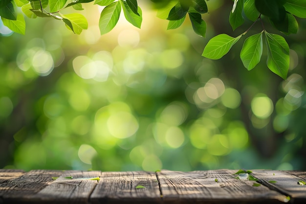 A wood table top with blurred green leaves background