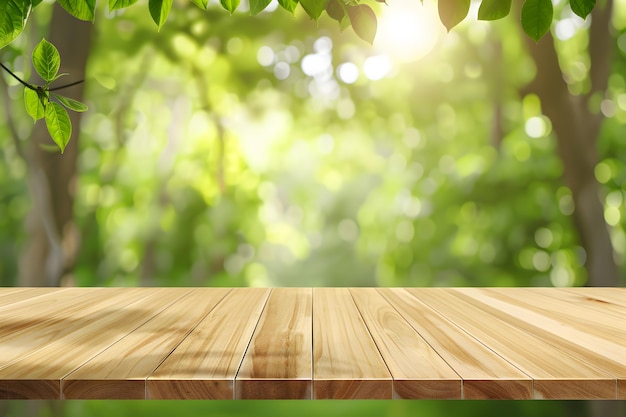 A wood table top with blurred green leaves background