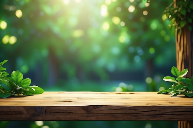 Wood table top with bokeh green nature abstract background