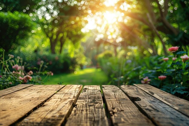 Wood table top with green garden background for product display