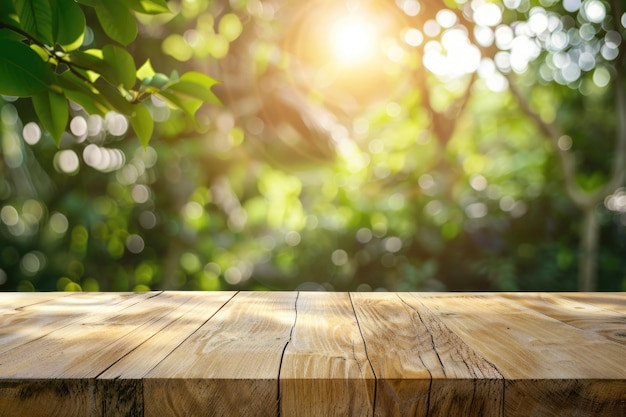 Wood table top with green garden background for product display