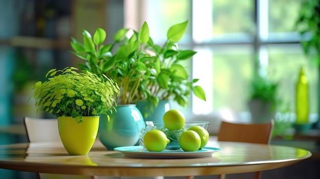 Wood table top with green plants on blur kitchen counter Generative ai