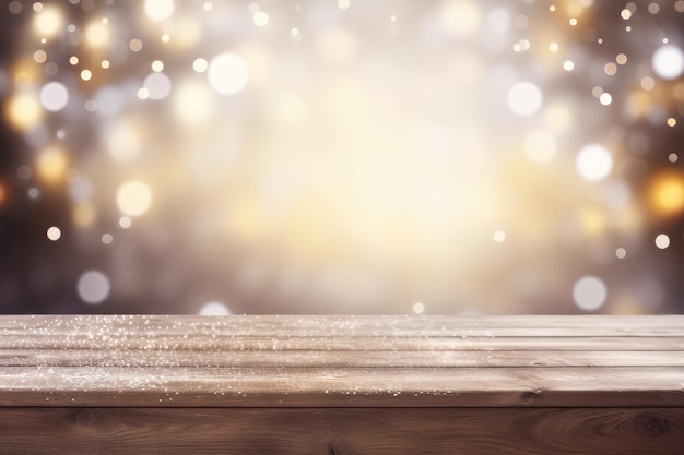 Wood table top with lights bokeh