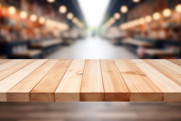 Wood table top with supermarket aisle blur background for product display