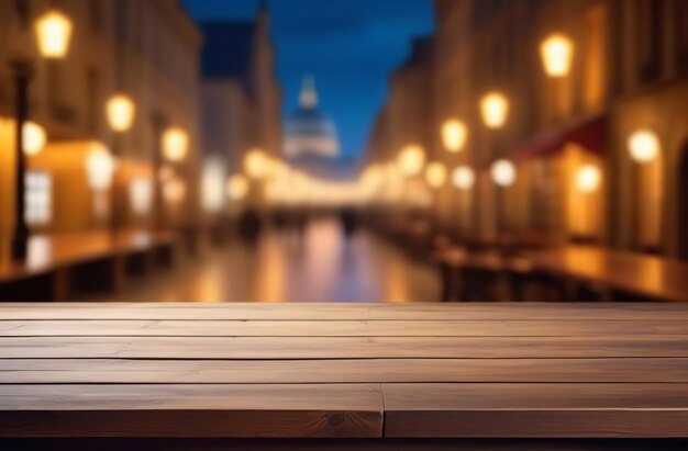 Wood table on twilight blurred city background Building outside for display or montage mock up products Wooden tabletop counter against blur bokeh winter town panorama Plank floor cityscape view