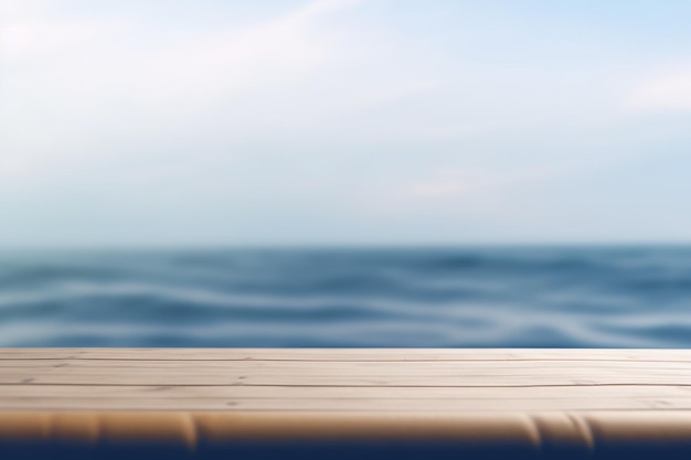 Wood table with the blur sea in the background