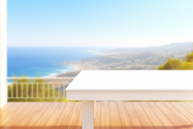 Wood table with the blur sea in the background