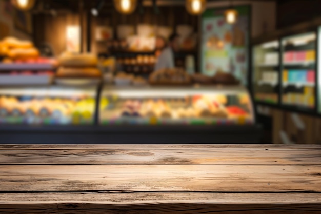 Photo wood table with blurred colorful pastry case in the distance