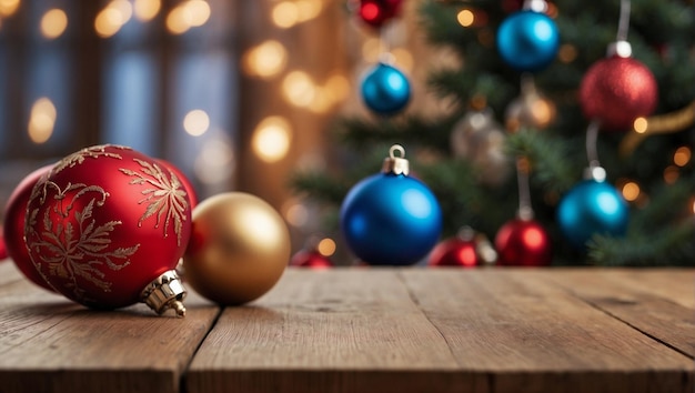 Wood table with blurry Christmas interiors in the background