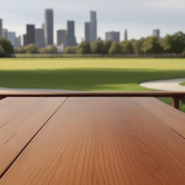 Wood table with city park blur background generated by AI