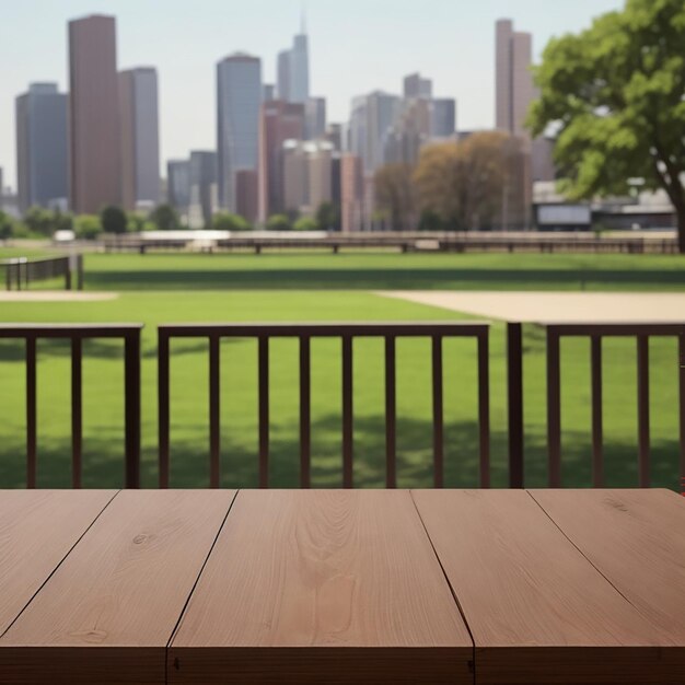 Photo wood table with city park blur background generated by ai