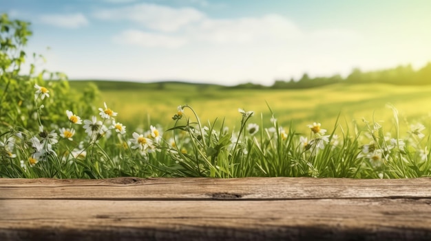 Photo a wood table with flowers in the foreground