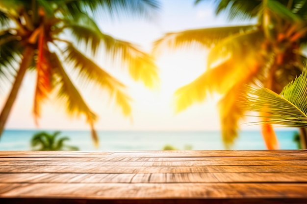 Foto tavolo in legno con vista sul mare e palme