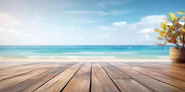 wood table with seascape