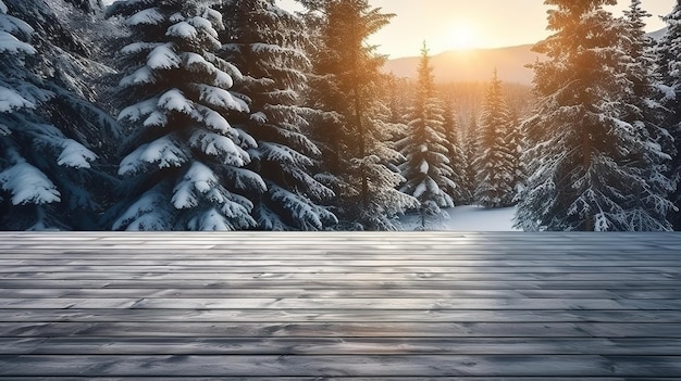 wood table with winter bokeh background