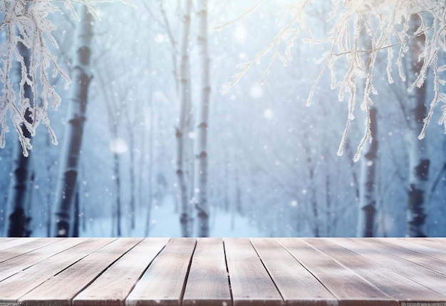 wood table with winter bokeh background