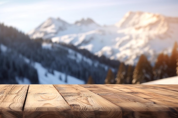 wood table with winter bokeh background