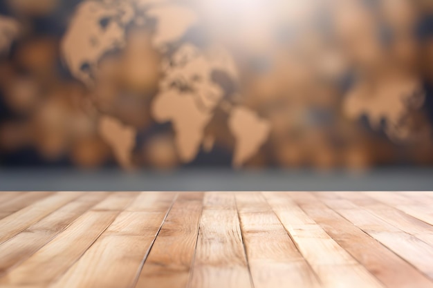 Foto tavolo in legno con mappa del mondo su sfondo sfocato ia generativa