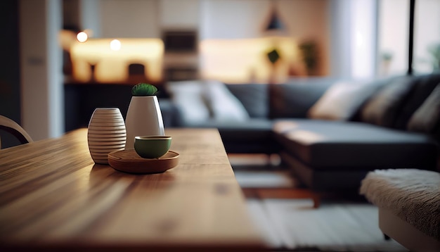 Wood tabletop blurred modern coxy living room Al generated