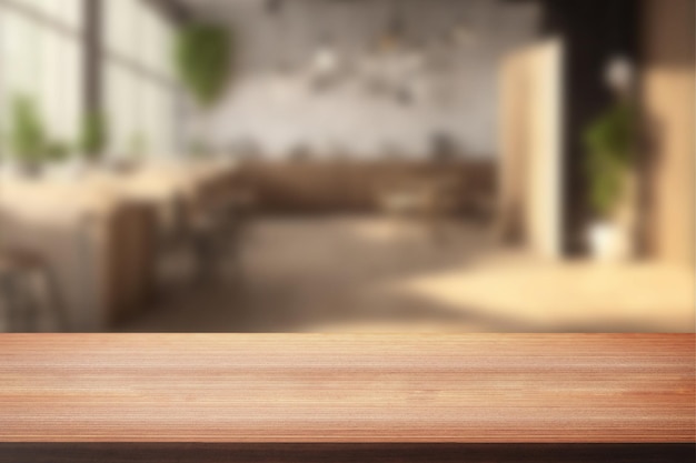 Wood tabletop or counter with display product Blur image of Coffee shop or Restaurant