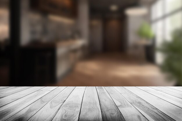 Wood tabletop or counter with display product Blur image of Coffee shop or Restaurant