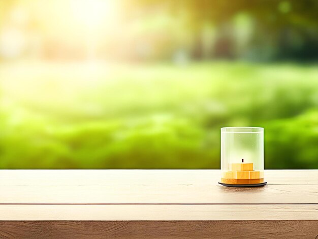 Wood tabletop or counter with display product Blur image of green blue and city background