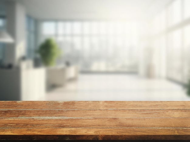 Деревянная столешница или стойка с витриной. Размытие изображения офиса или конференц-зала.