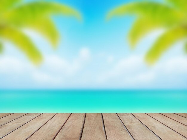 wood tabletop or counter with display product blur image of tropical beach blur background