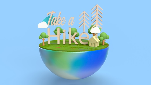 The wood take a hike word on wood plate for travel concept 3d rendering.