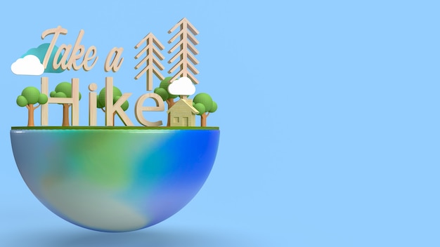 The wood take a hike word on wood plate for travel concept 3d rendering.