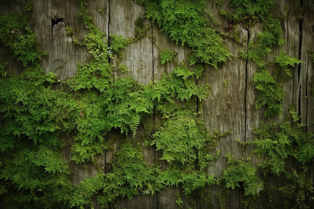 Wood Texture Background with Fresh Green Moss and Budding Leaves