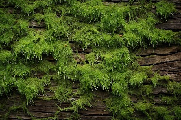 Wood Texture Background with Fresh Green Moss and Budding Leaves