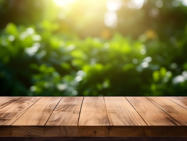 흐린 녹색 나무 자연 배경에 제품 디스플레이를 위한 나무 질감 바닥 테이블