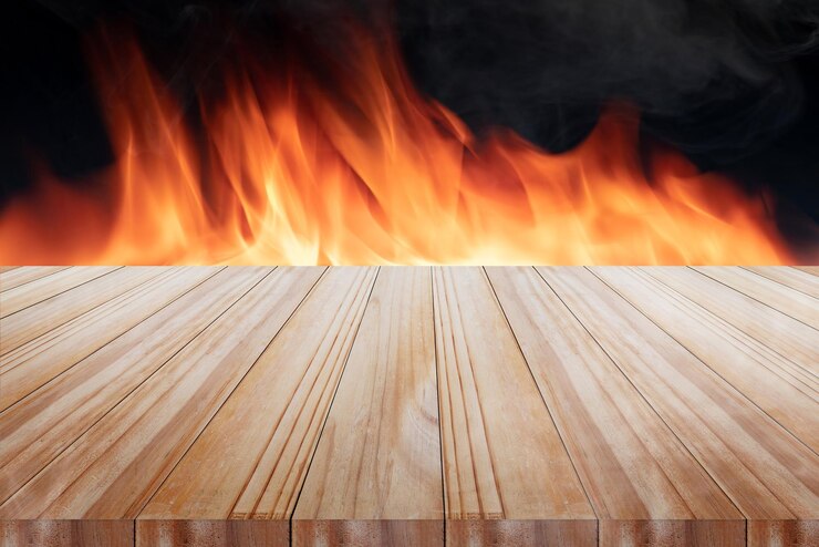 Wood top on Fire flames black background can be used for display or montage your productsxA