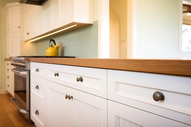 Wood trim details on white kitchen cupboards