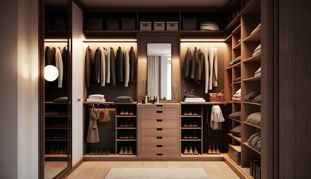 Wood walk in closet with wardrobe fashion storage illustration concept