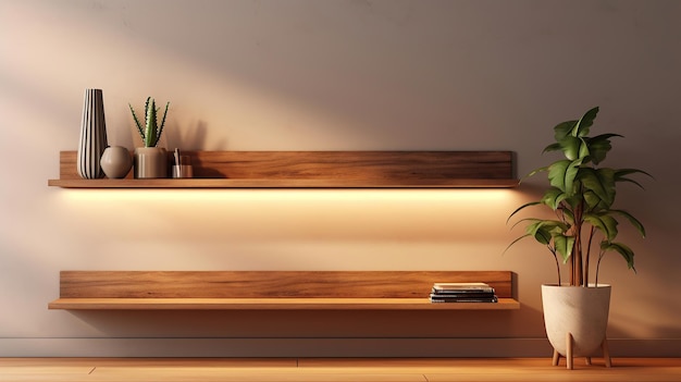 Photo wood wall floating shelf on stucco wall storage organization for home interior