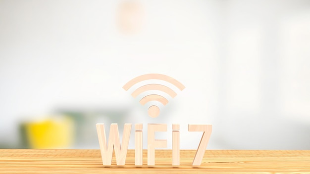 Деревянный wifi 7 на столе для технологической концепции 3d-рендеринга