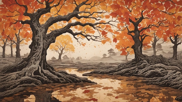 Woodblock printing mokuhanga Autumn old tree line from gnarly and caved trees age of Methuselah