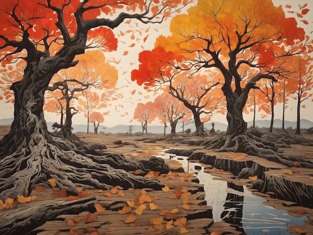 Woodblock printing mokuhanga Autumn old tree line from gnarly and caved trees age of Methuselah