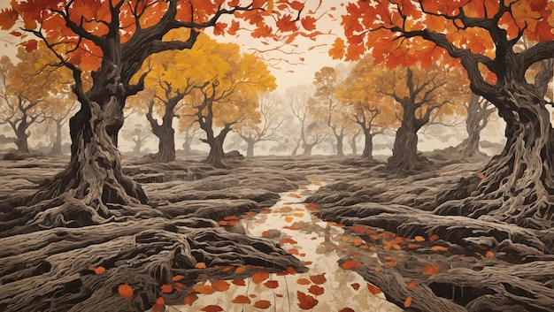 木版画木版画 メトセラの時代の険しい洞窟の木の秋の古木並木