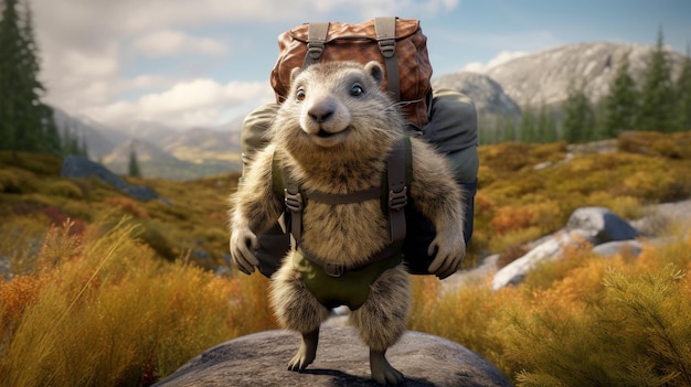 Photo woodchuck carrying backpacks in villagecore style