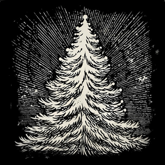 Foto stile di stampa in legno di un albero di natale in bianco e nero