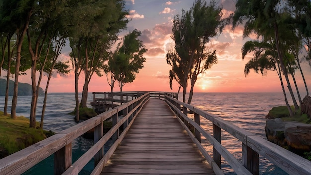 Wooded bridge by the sea with sunset sky