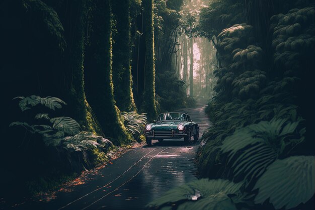 Wooded road with an automobile traveling along it